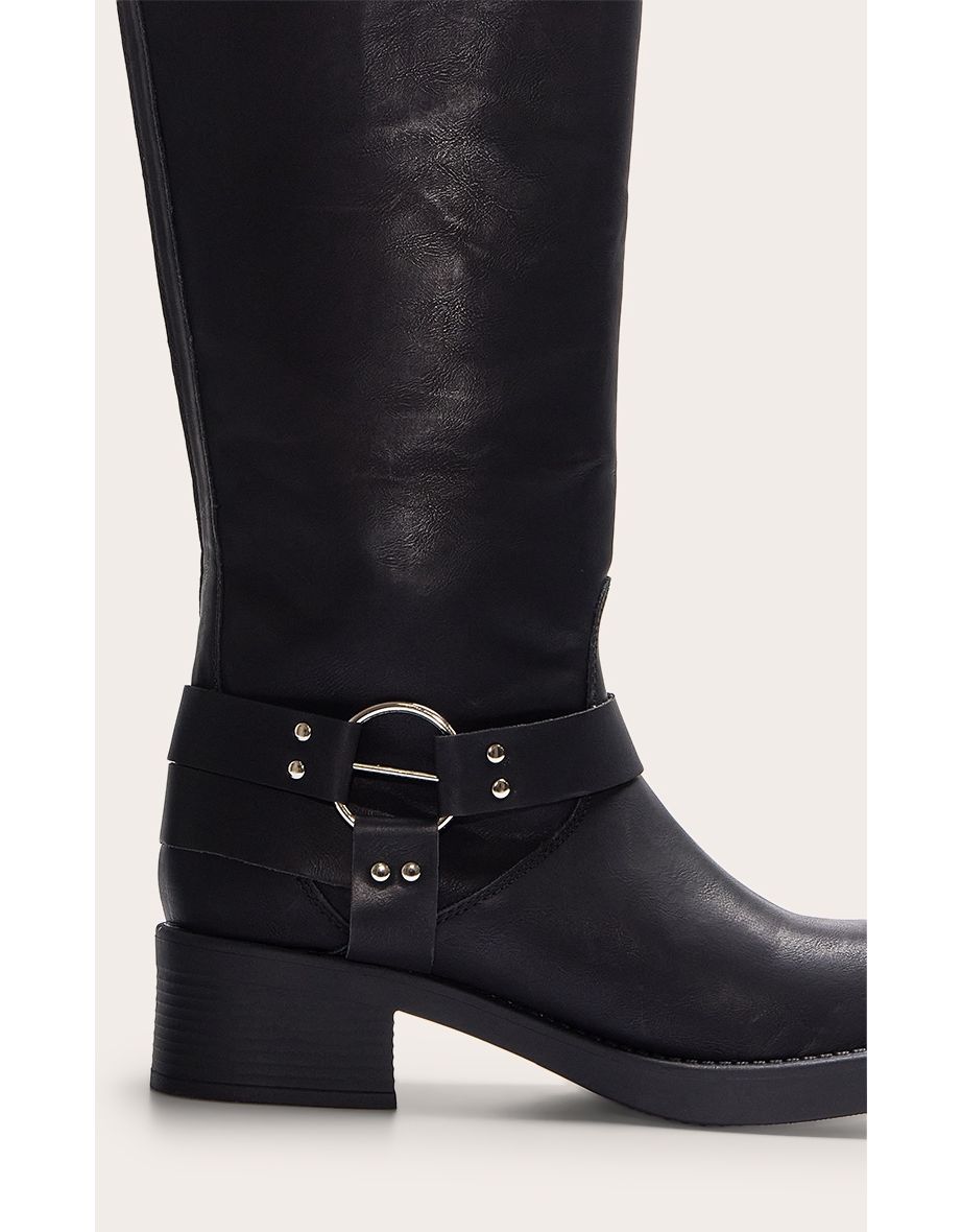 Black Pu Round Toe Multi Buckle Harness Knee High Boots - 4