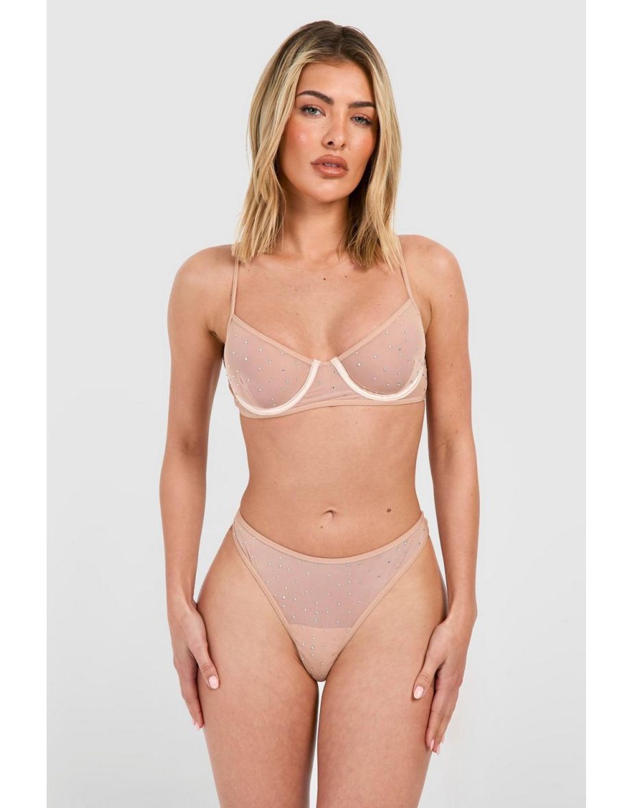 Diamante Rhinestone Balcony Bra And Thong Set - nude