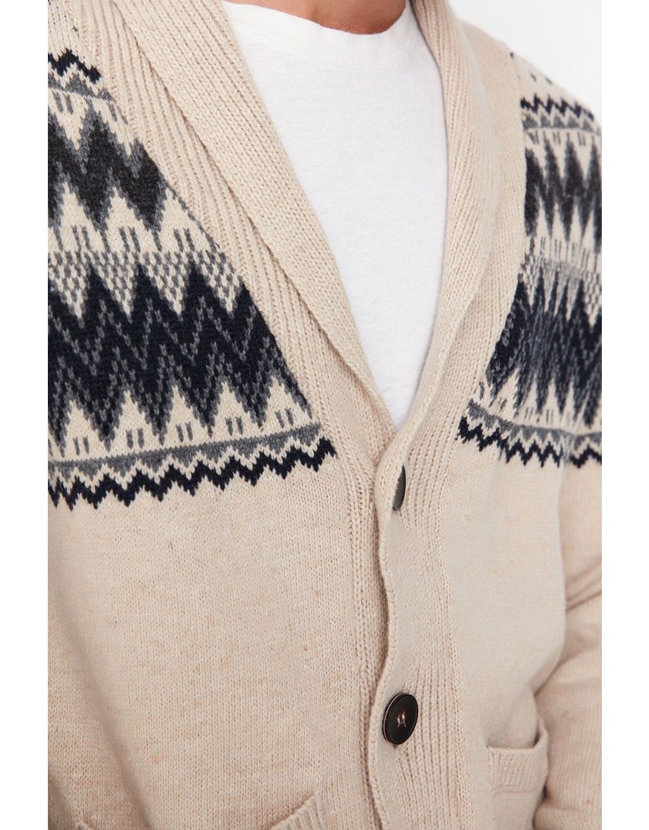 Beige Slim Fit Shawl Collar Jacquard Knitwear Cardigan - 7