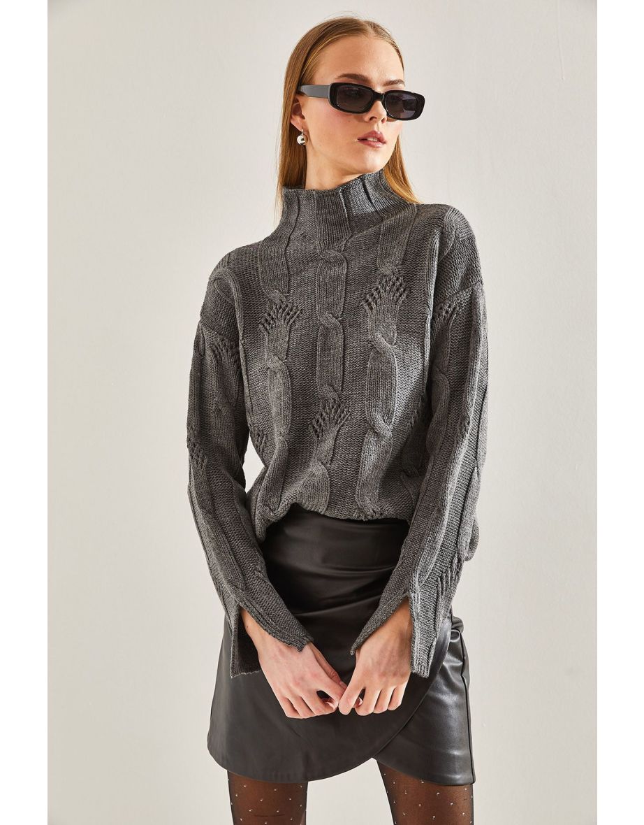 Women's Half Turtleneck Hair Knitted Patterned Knitwear Sweater - 6