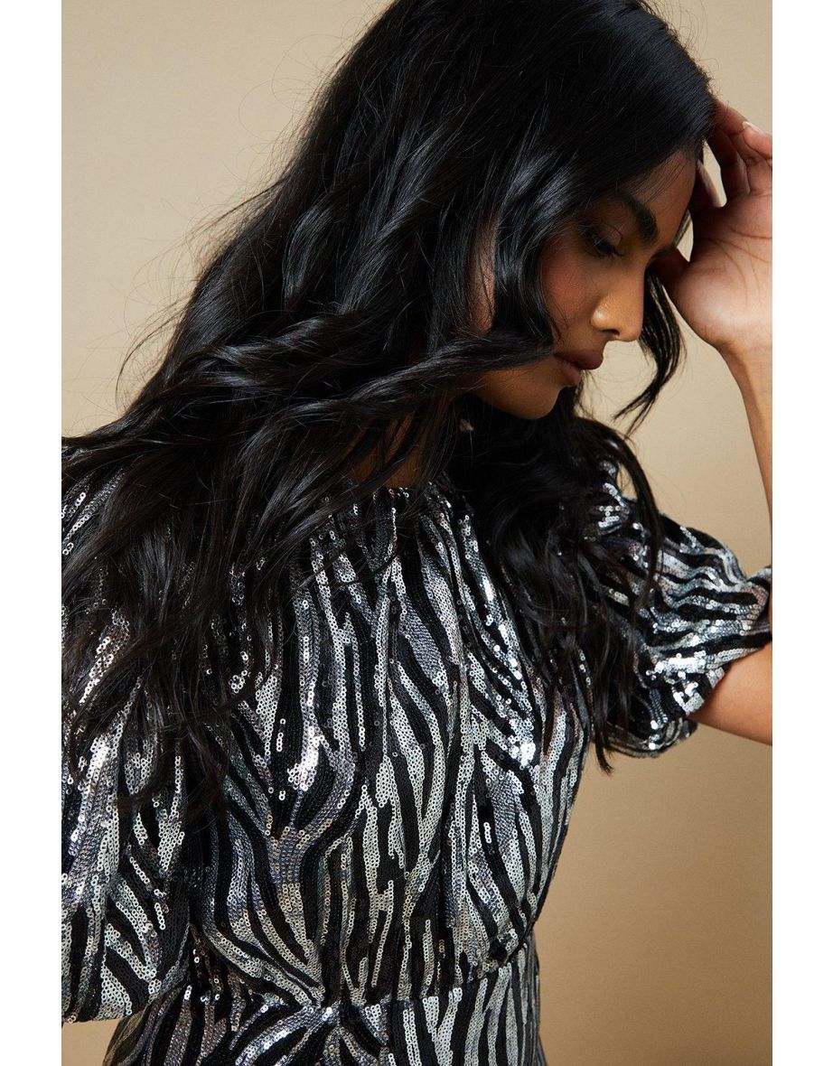Occasion Zebra Sequin Puff Sleeve Midaxi Dress - 3