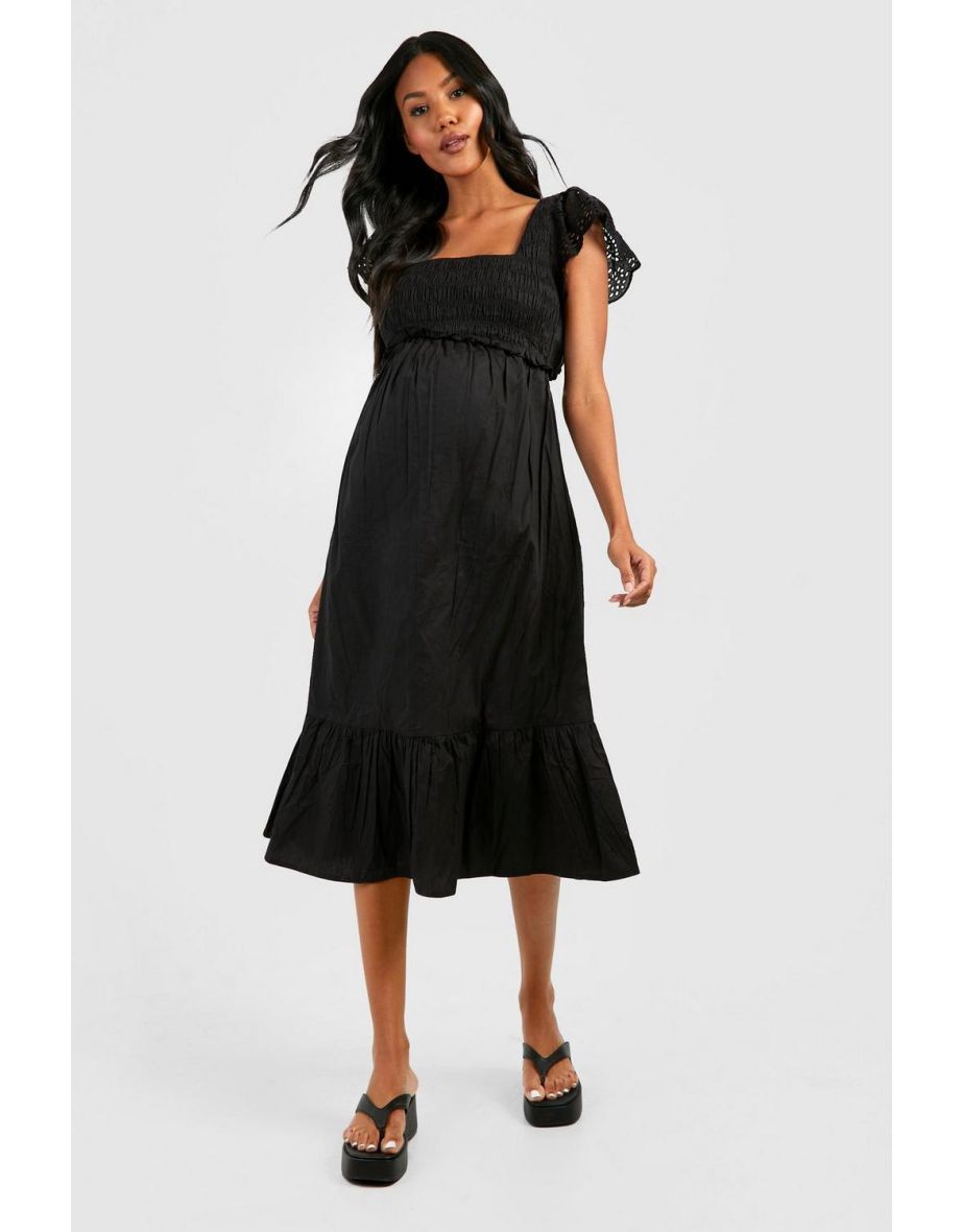 Maternity Broderie Sleeve Midi Dress - black
