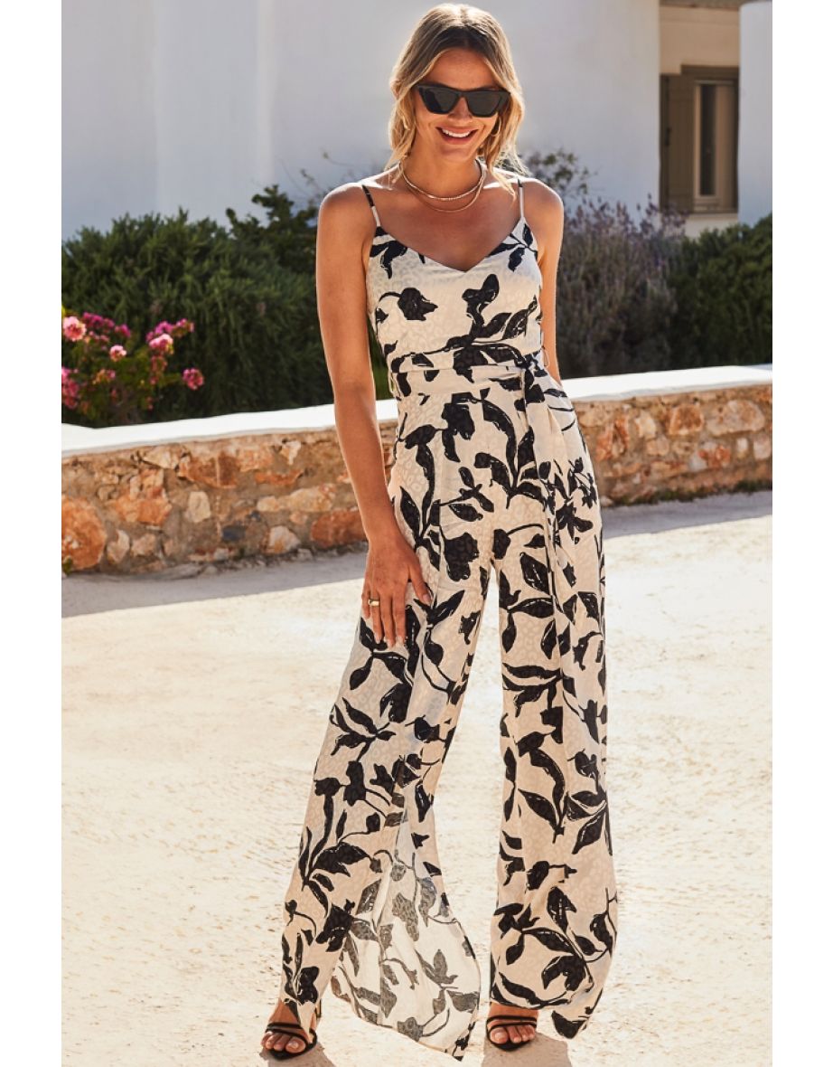 Ivory & Black Floral Satin Jacquard Jumpsuit
