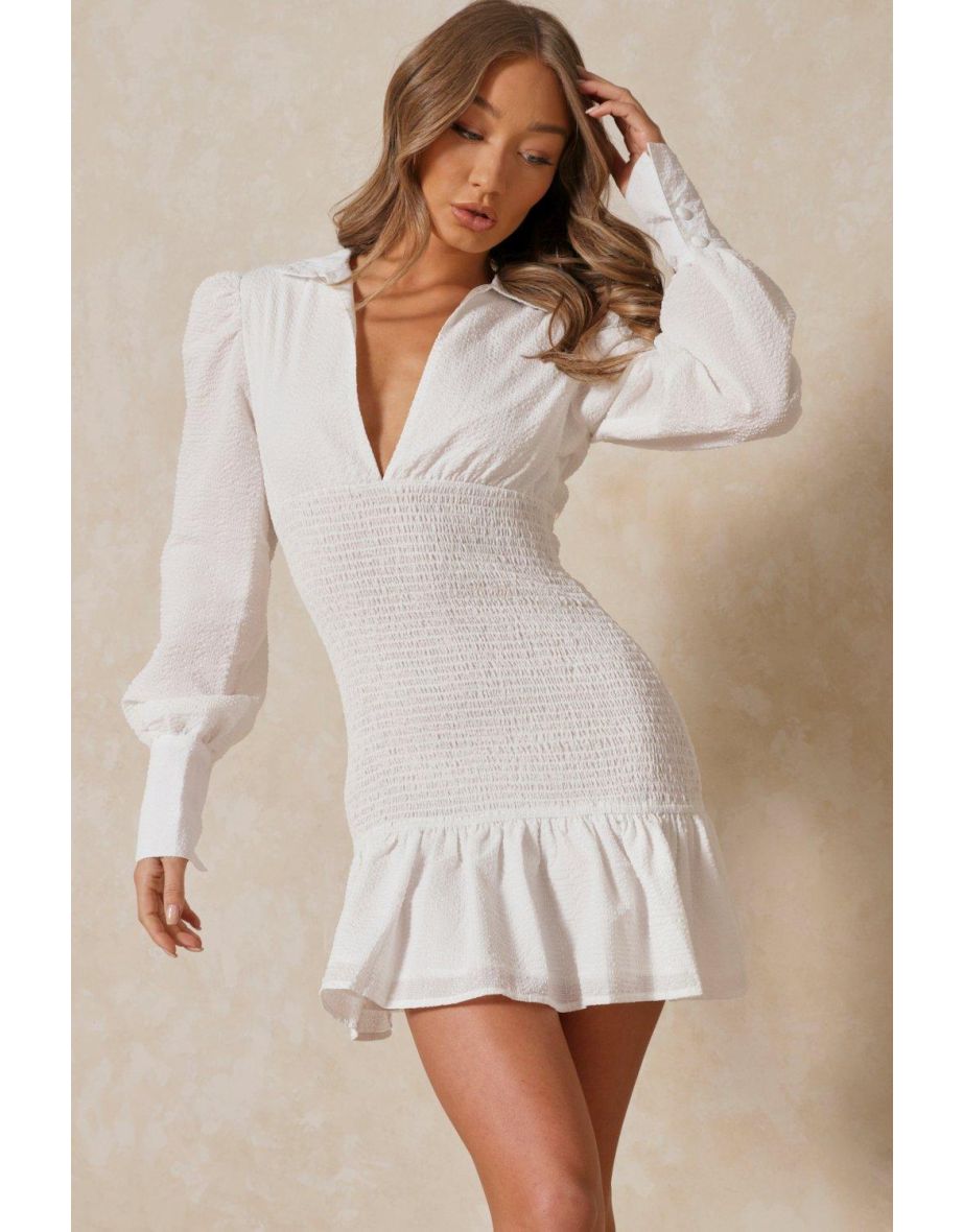 Textured Puff Sleeve Shirring Detail Dress - 3