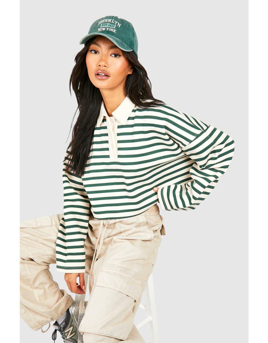 Striped Long Sleeve Collared Cropped Shirt - ecru