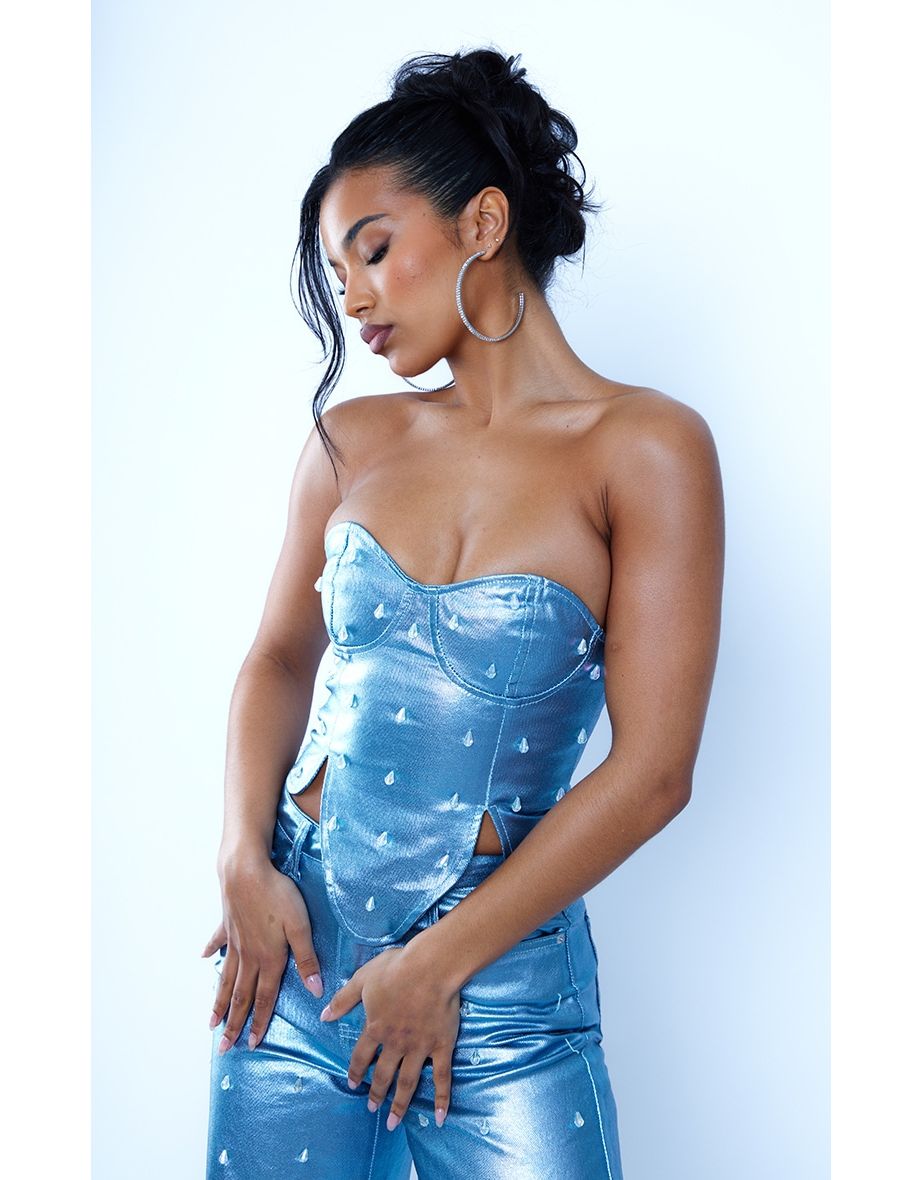 Blue Embellished Metallic Coated Denim Corset Top