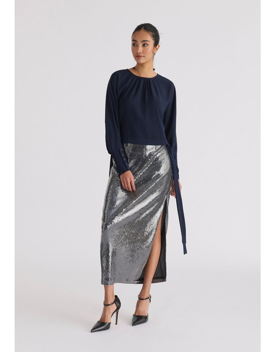 Waist Tie Top with Shirred Cuffs
