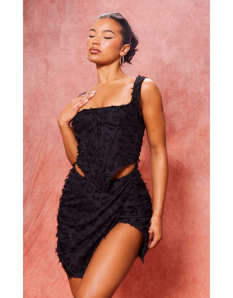 Black Textured Boning Cup Detail Split Bodycon Dress