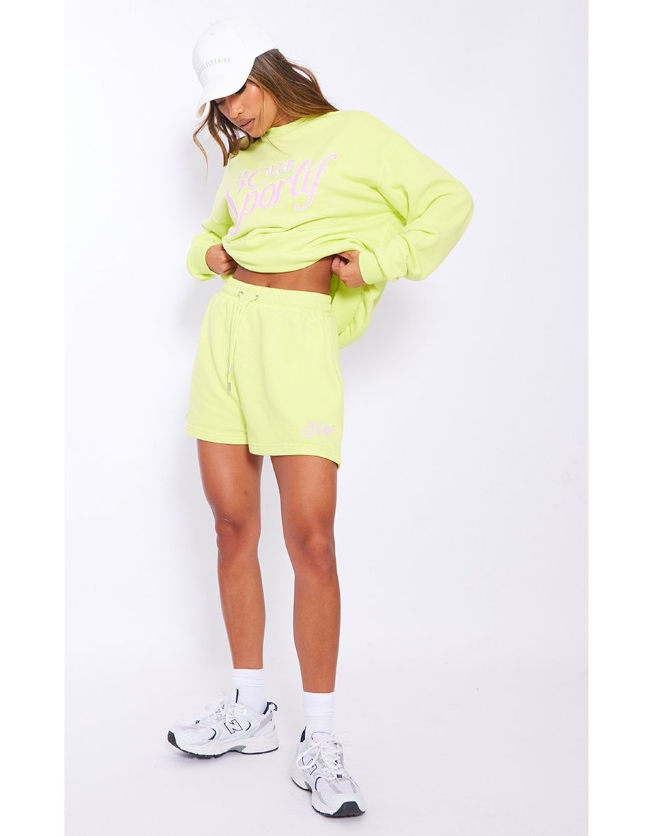 Lime Slogan Print Oversized Lightweight Runner Shorts