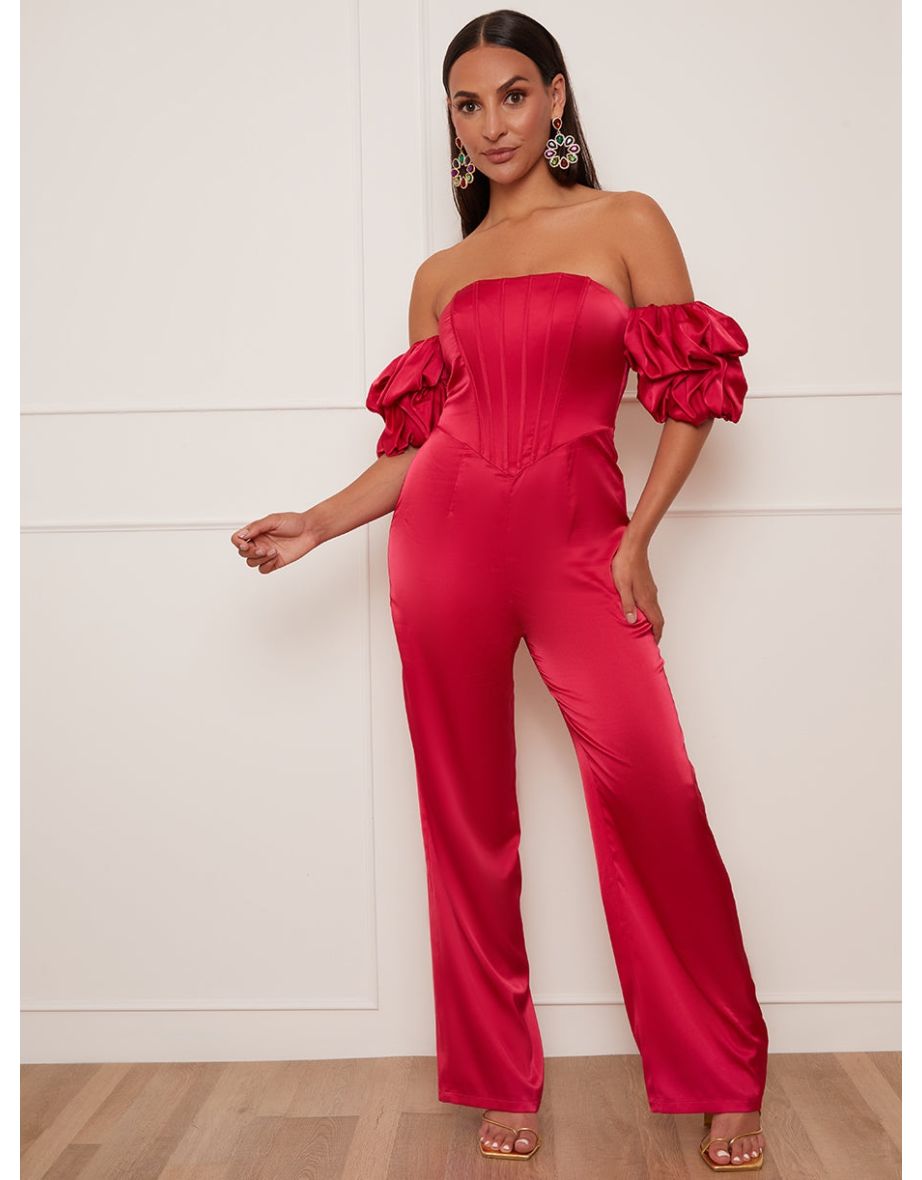 Petite Bardot Corset Style Jumpsuit in Pink