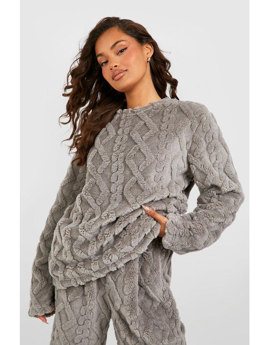 Cable Knit Fleece Lounge Sweatshirt - grey