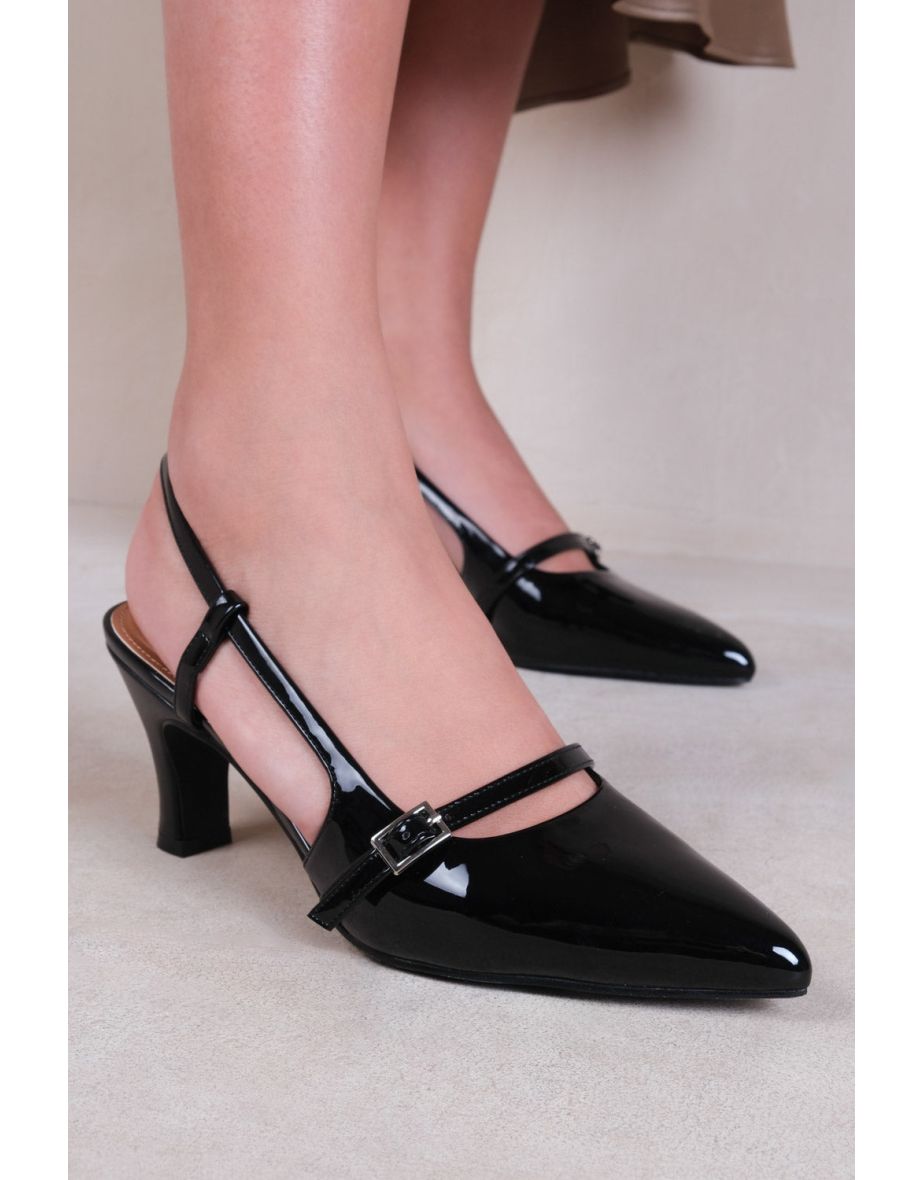 ON POINT WIDE FIT MID HEEL SLINGBACK SANDALS WITH STRAP AND BUCKLE DETAIL IN BLACK PATENT - 2