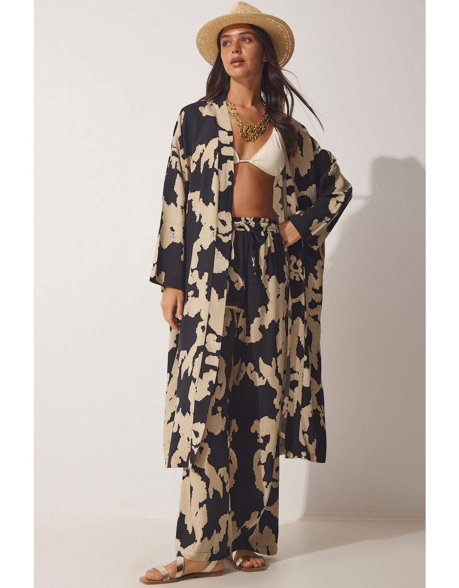 Women's Black Beige Patterned Viscose Kimono Palazzo Pants Suit