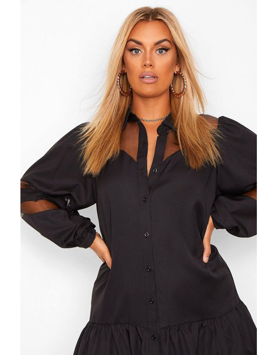 Plus Organza Contrast Shirt Dress - black - 3