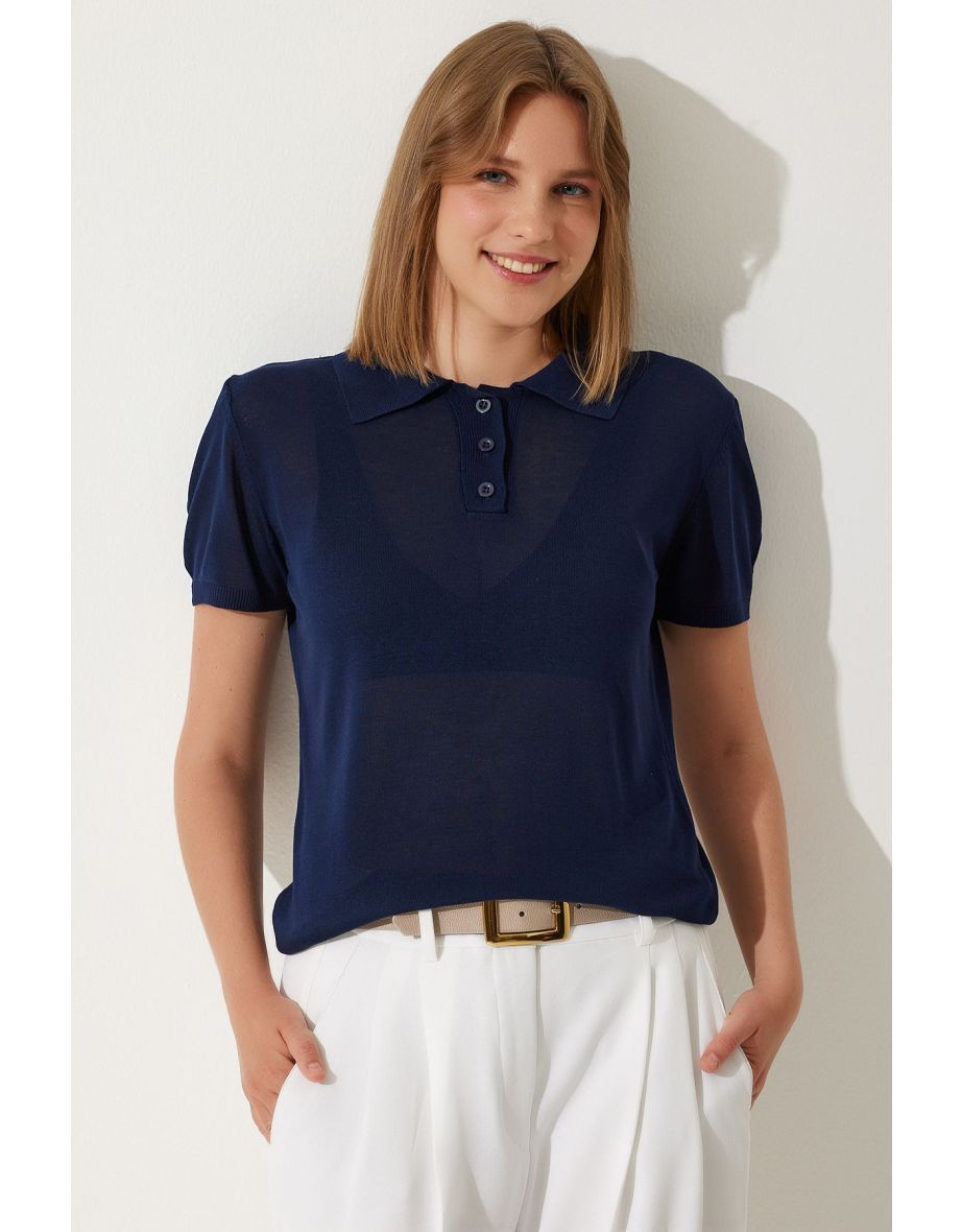 Women's Navy Blue Polo Neck Light Transparent Summer Knitwear