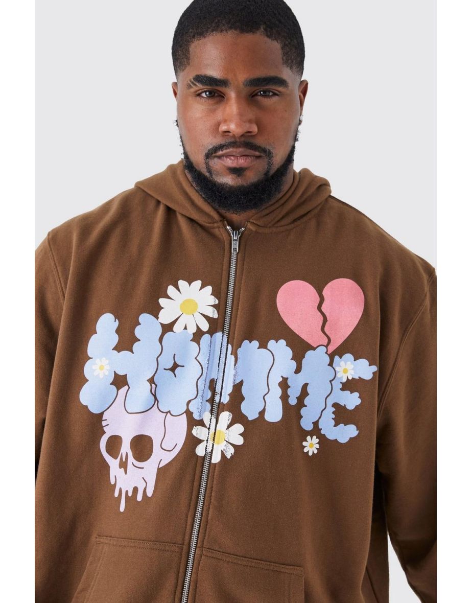 Plus Homme Doodle Graffiti Zip Thru Hoodie - chocolate - 2