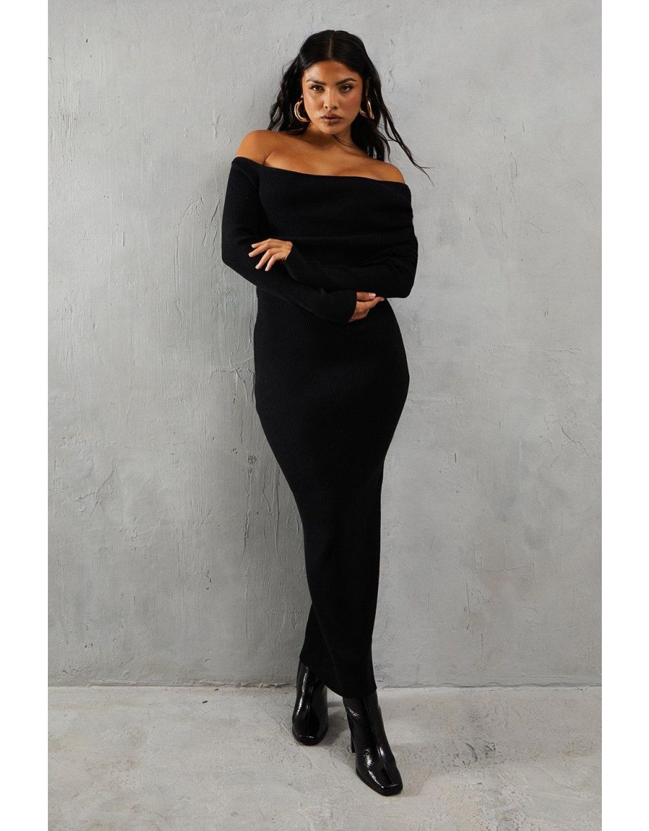 Knitted Rib Pleated Bardot Long Sleeve Maxi Dress