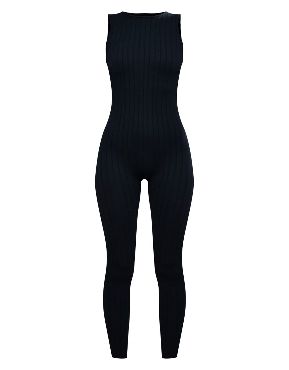 Black Structured Contour Rib Racer Jumpsuit - 4