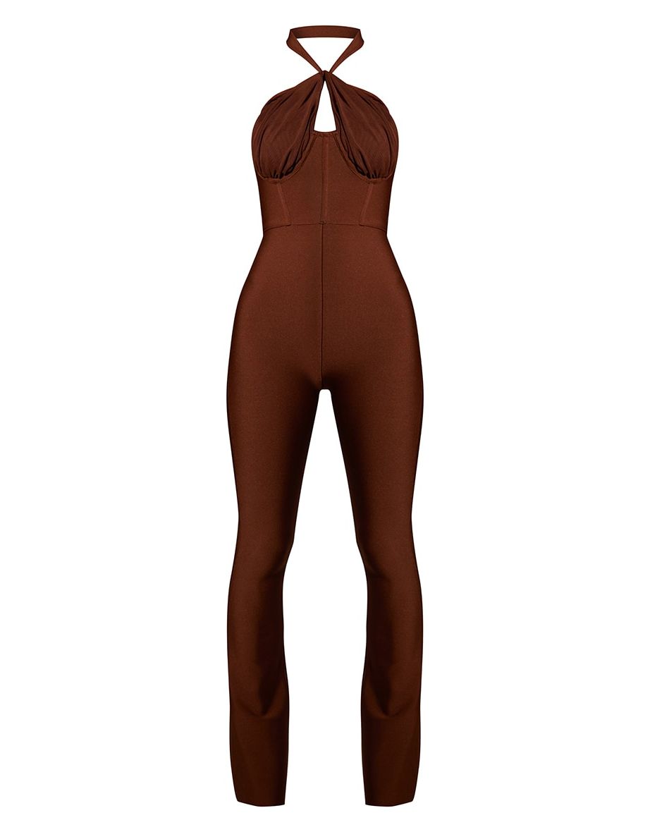 Chocolate Bandage Mesh Halterneck Jumpsuit - 4