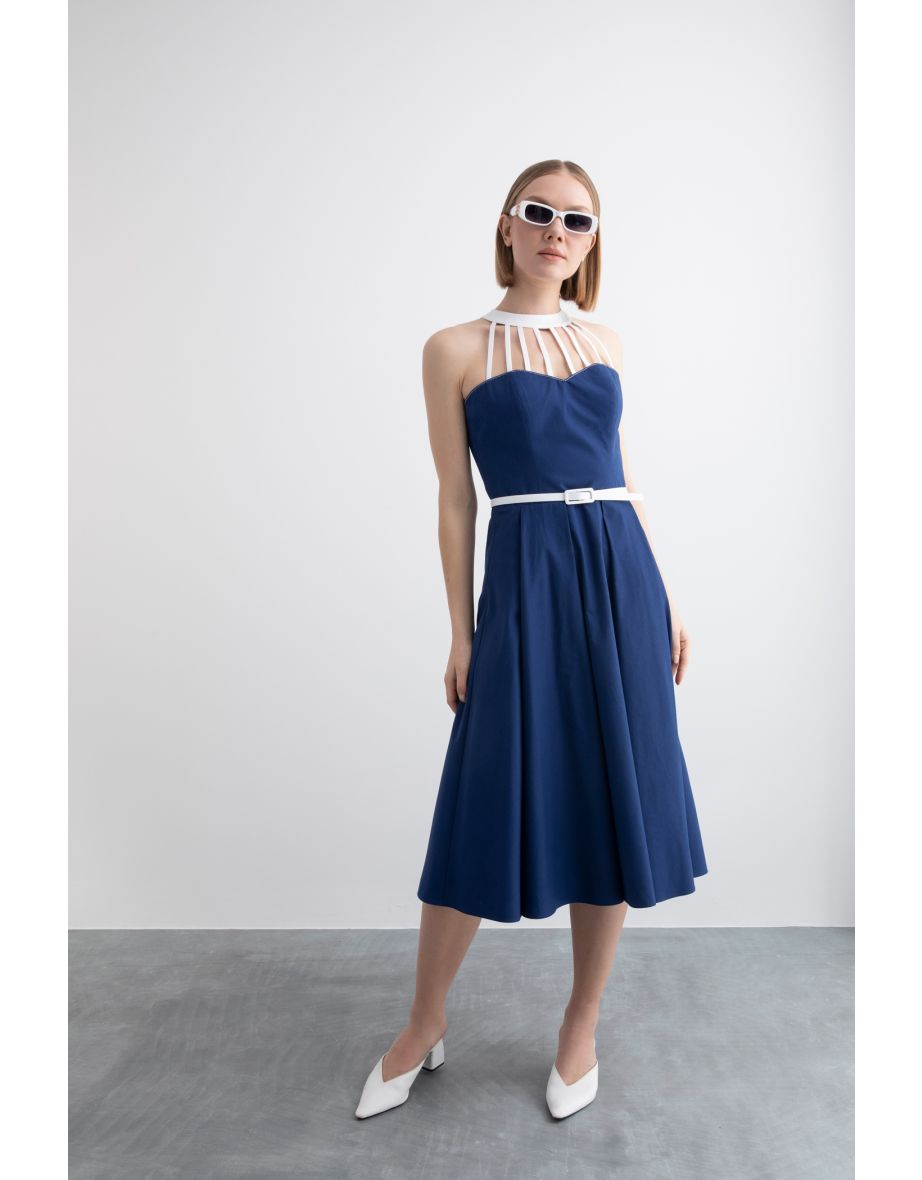 Cotton Midi Dress with Bias Tape Collar Detail Belted Corset Look and Sleeveless Flared Skirt