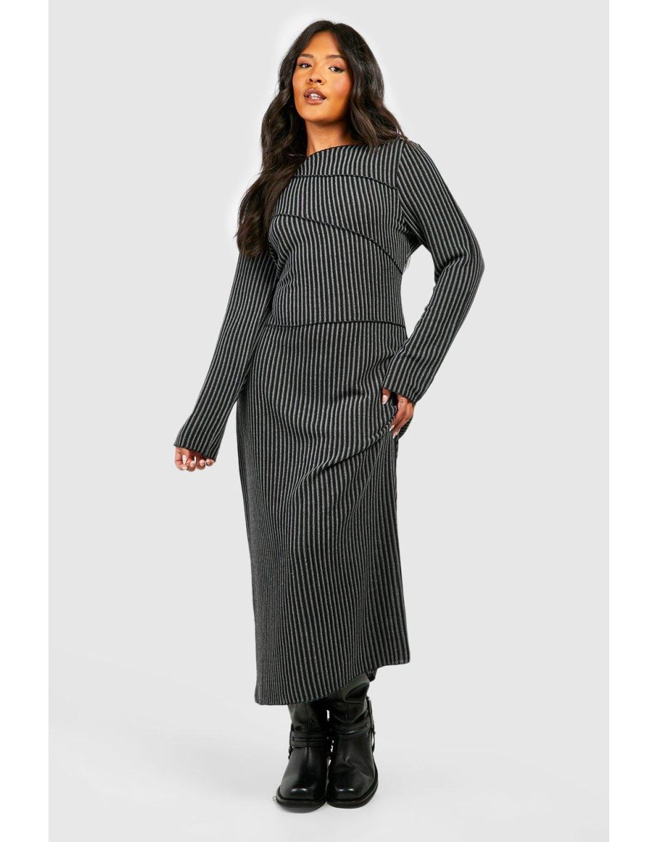 Plus Rib Outer Seam Detail Midi Dress - black