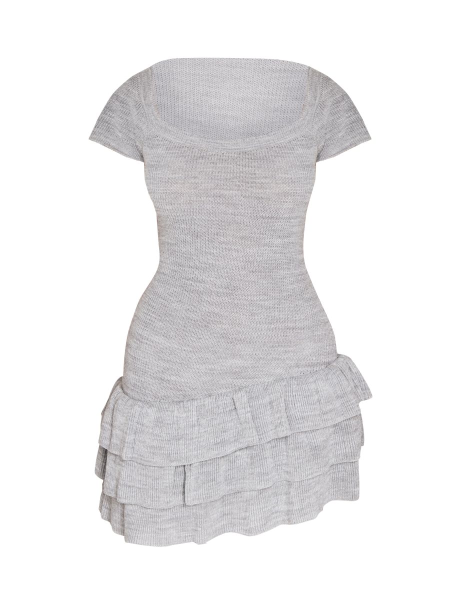 Grey Textured Knitted Rara Mini Dress - 4
