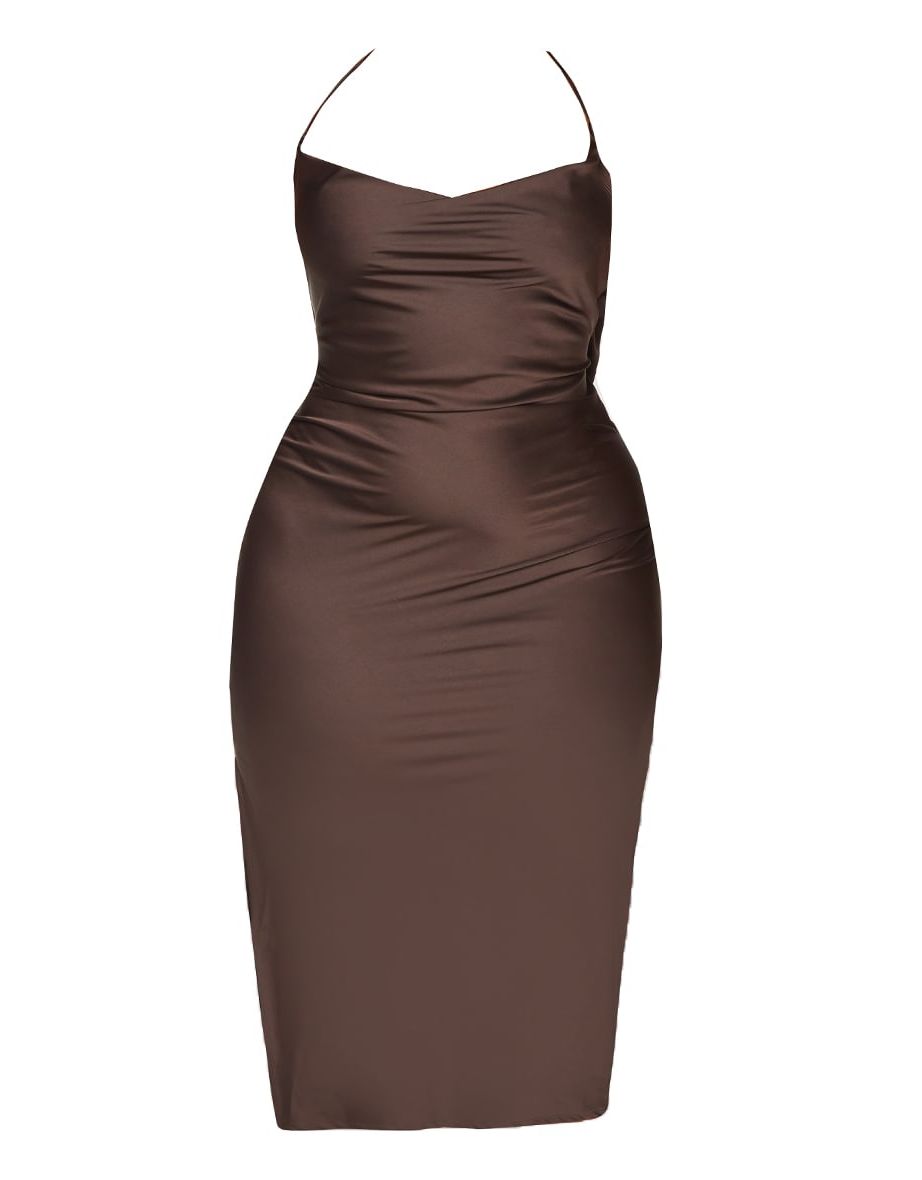Plus Chocolate Satin Cowl Neck Lace Up Back Midi Slip Dress - 4