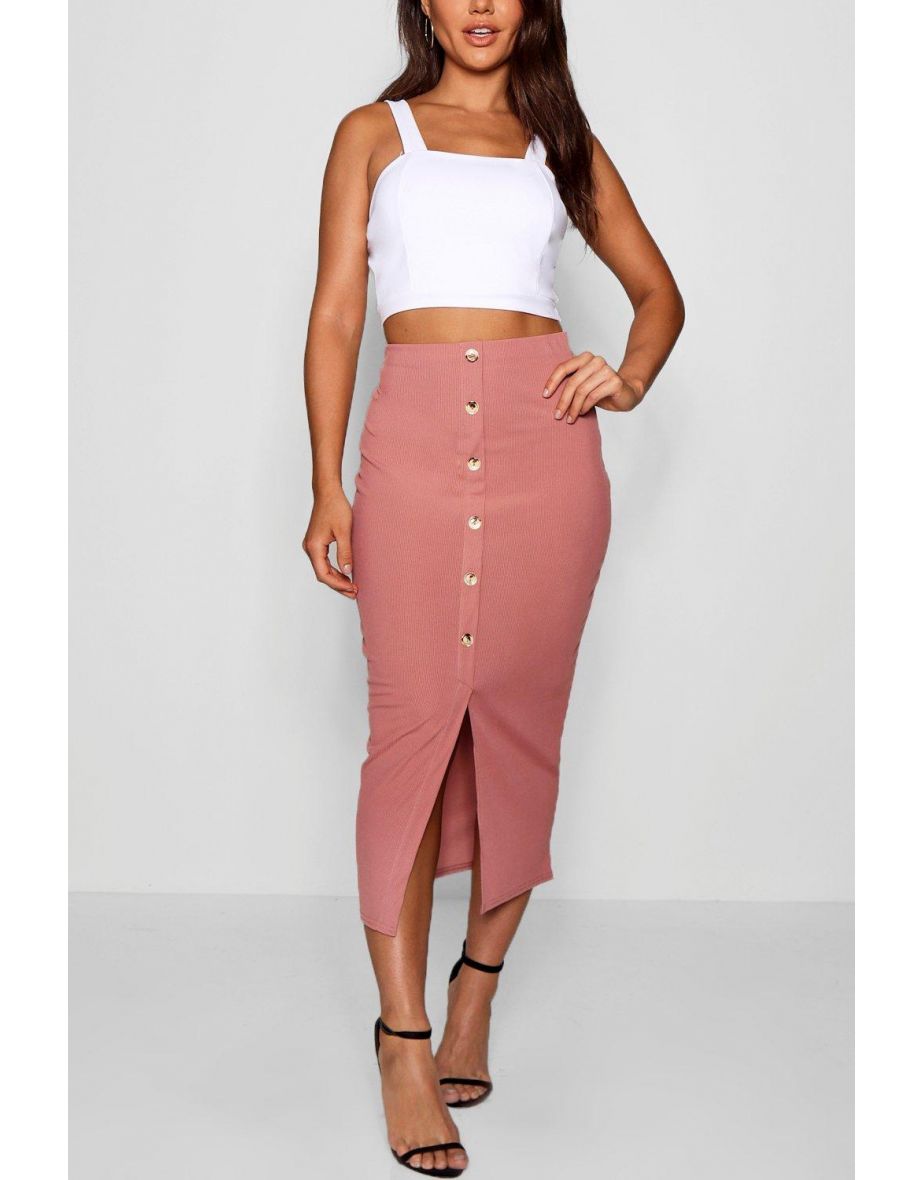 Ribbed Mock Horn Button Through Midi Skirt - rose - 3