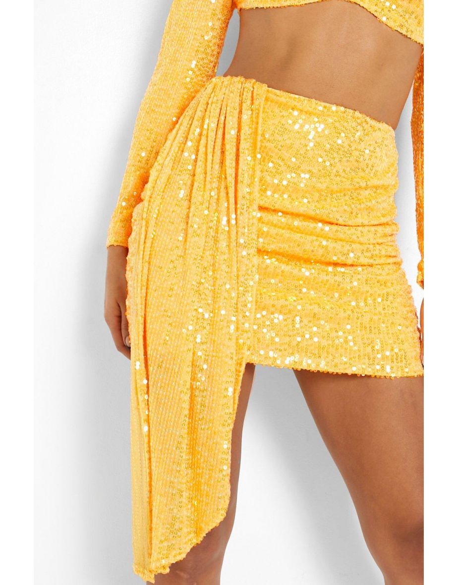 Bright Sequin Drape Side Mini Skirt - neon-orange - 3