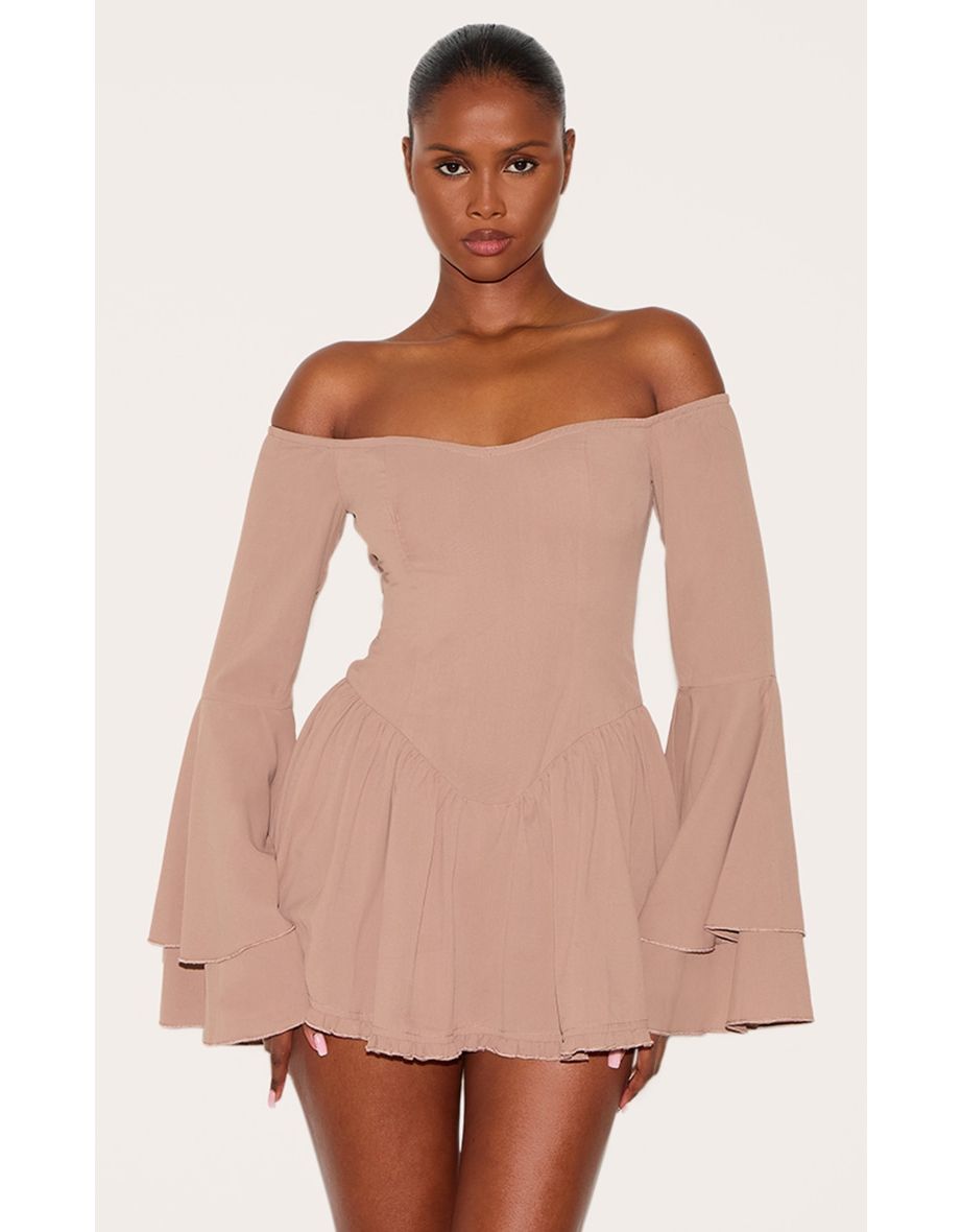 Taupe Bardot Flare Sleeve Playsuit