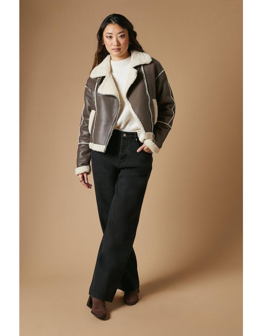 PU Borg Detail Collared Zip Jacket