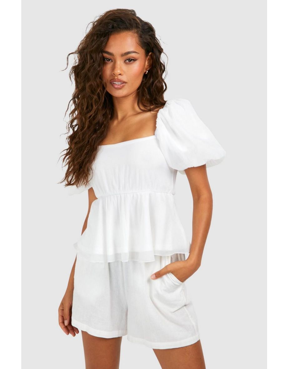 Puff Sleeve Textured Smock Top - white