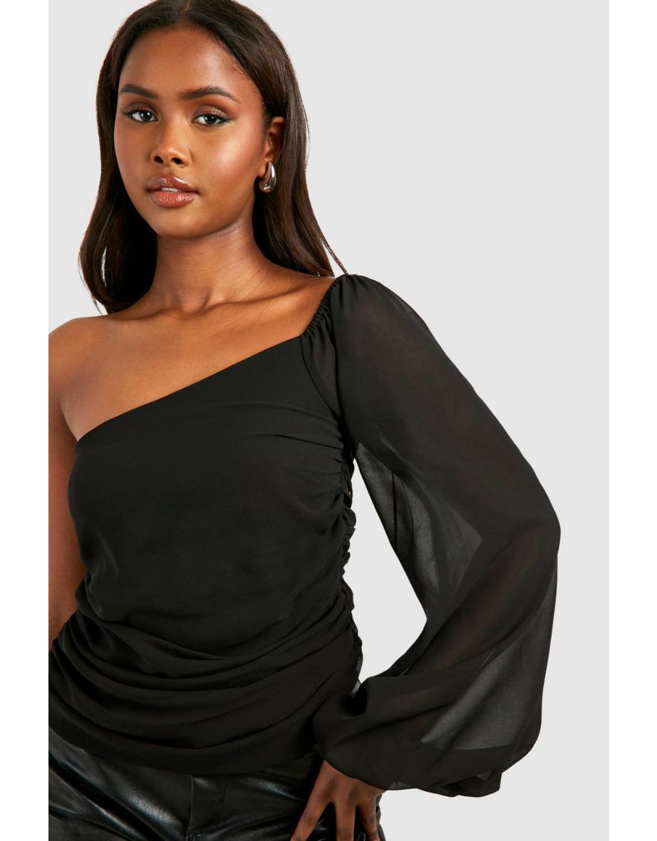 Chiffon Balloon Sleeve One Shoulder Top - black - 3