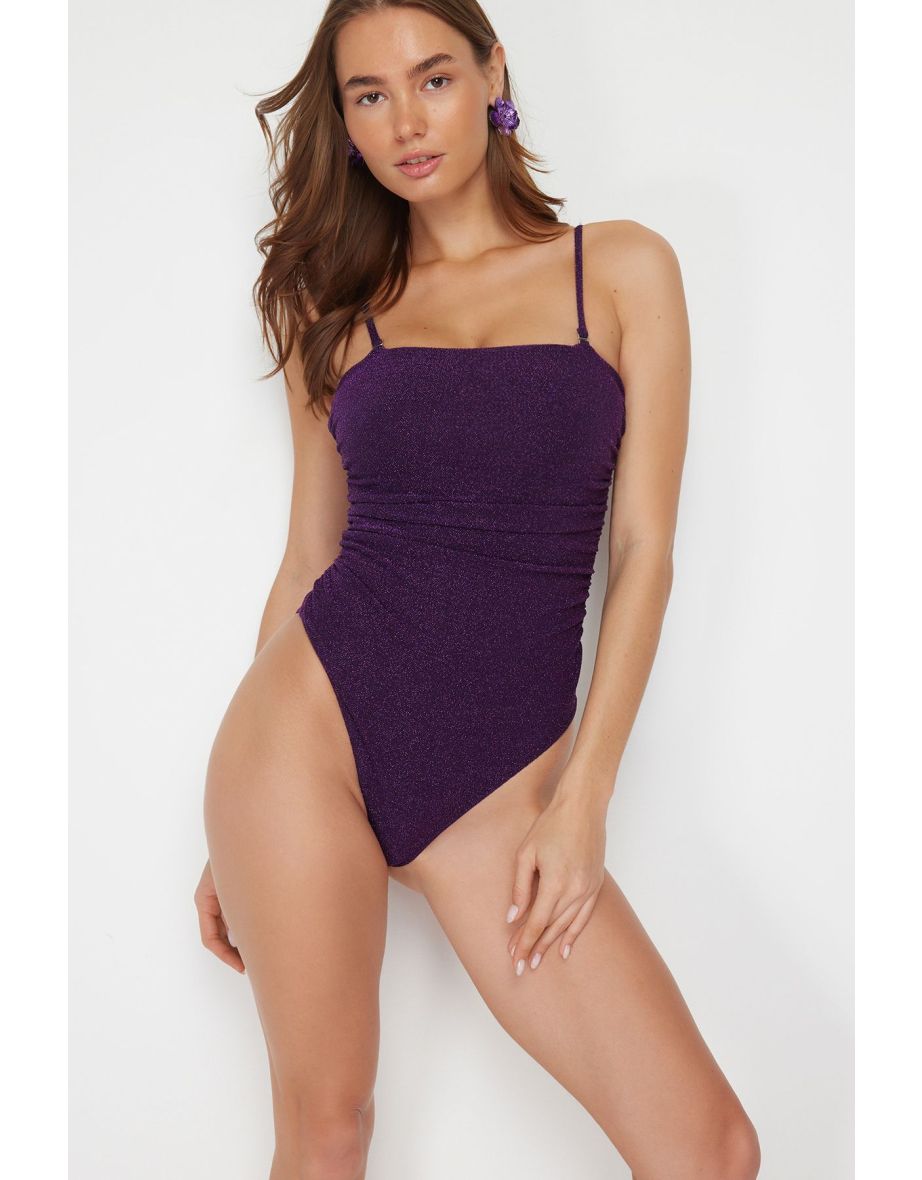 Purple Strapless Draped Silvery High Leg Swimsuit
