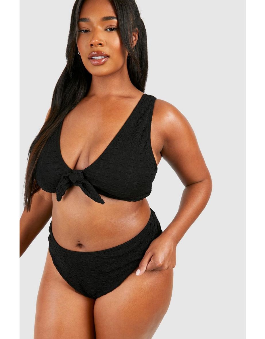 Plus Textured Knot Front Bikini Top - black
