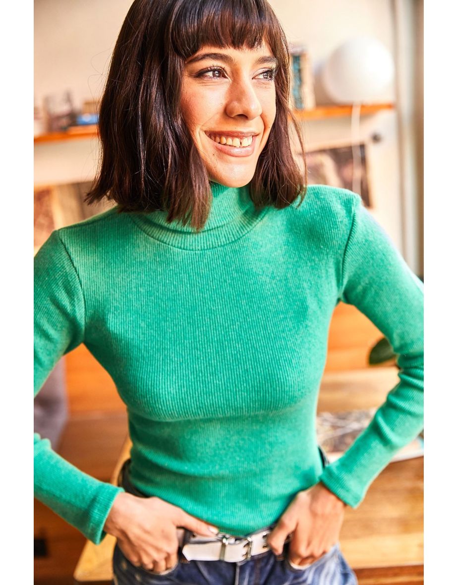 Women's Green Turtleneck Raised Camisole Sweater