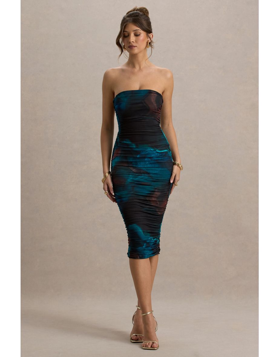 My Girl | Blue Print Strapless Bodycon Ruched Mesh Midaxi Dress