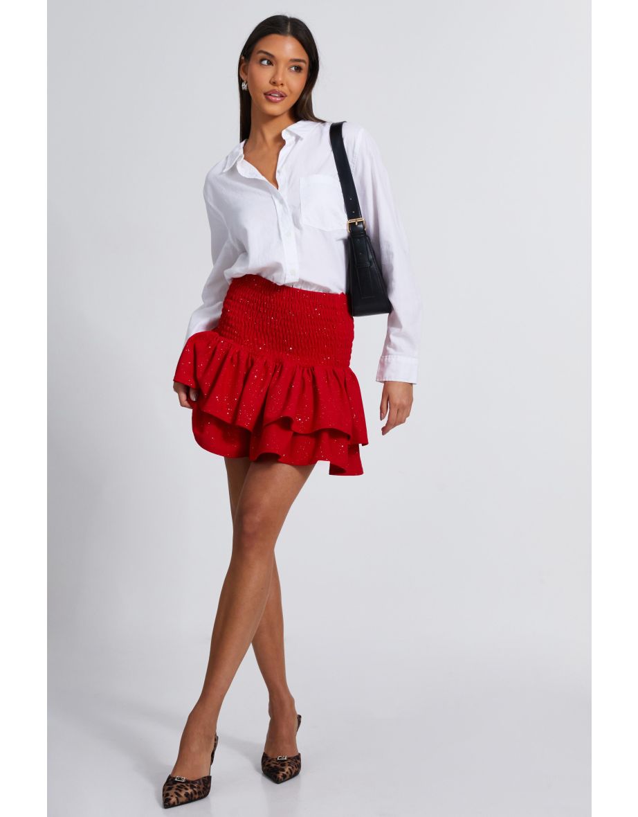 Red Glitter Shirred Waist Skirt