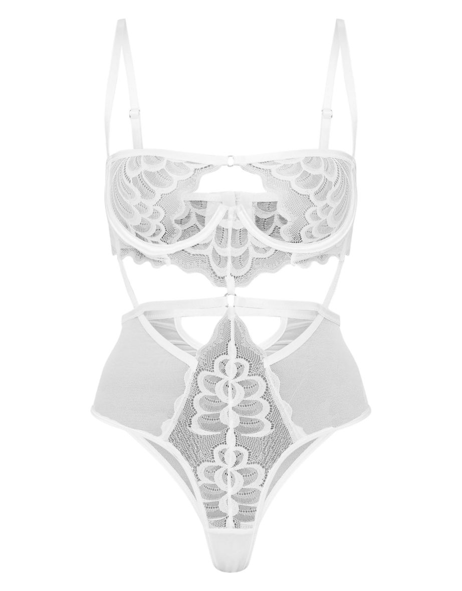 White Underwired Cut Out Lace Bodysuit - 1