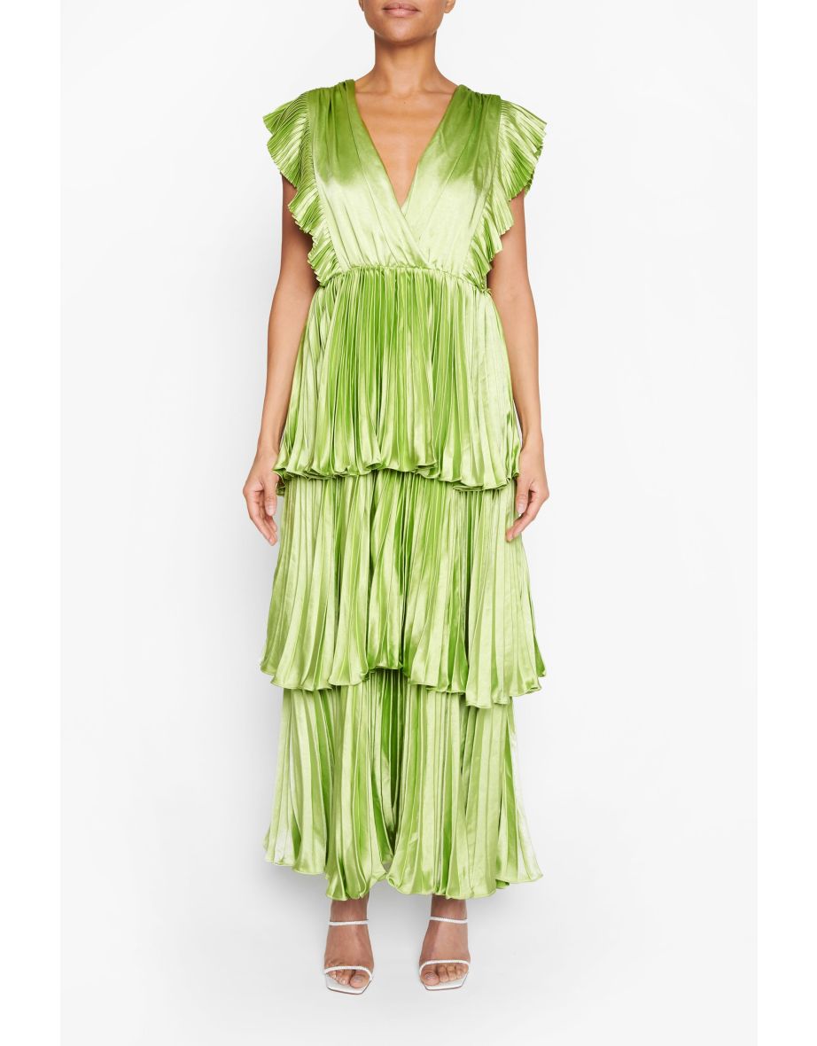 Lime Satin Pleated Tiered Midaxi Dress