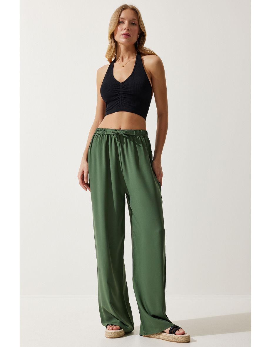 Women's Khaki Flowy Knitted Palazzo Trousers