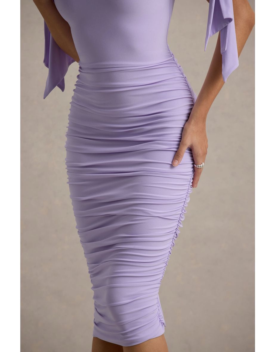 Citrus | Lilac Bardot Bodycon Midi Dress With Bow Sleeves - 5