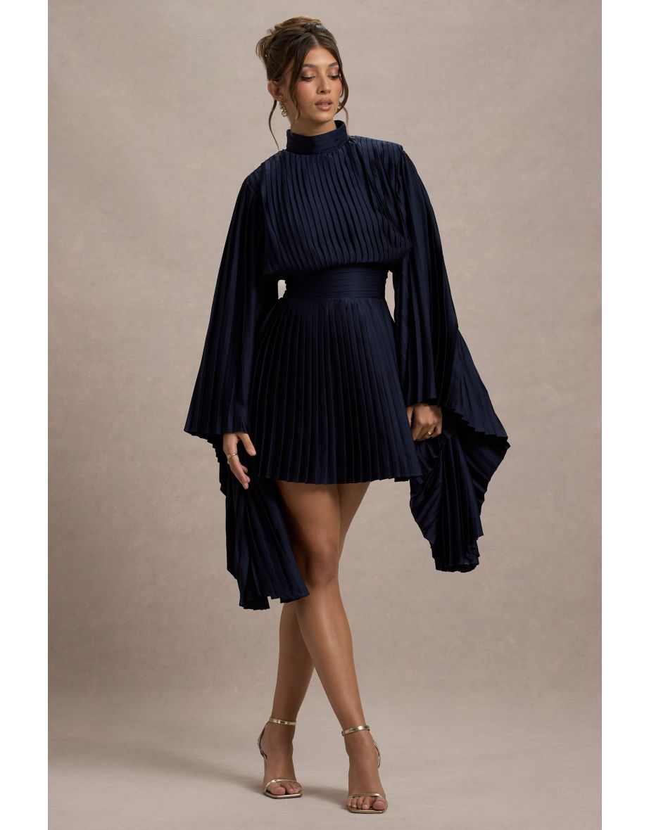 Charity | Navy Pleated High-Neck Mini Dress With Cape Sleeves