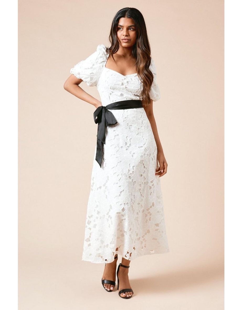 Petite DP Luxe Cutwork Lace Contrast Belt Midi Dress