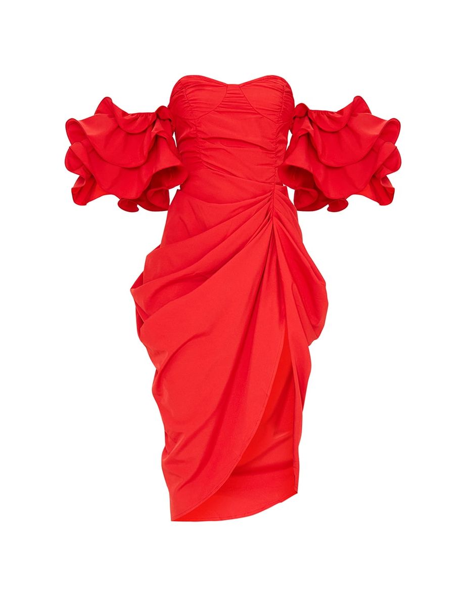 Red Bardot Frill Sleeve Draped Midi Dress - 4