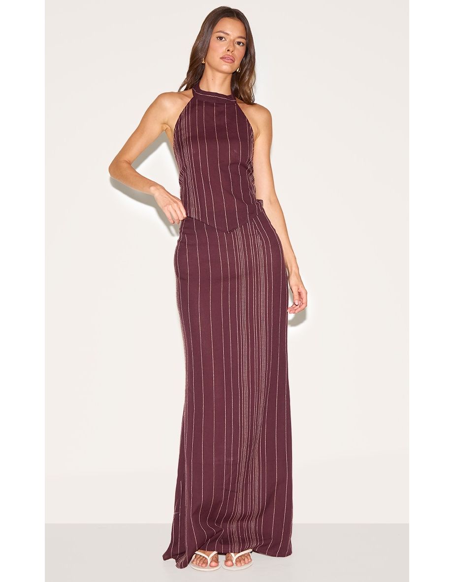 Dark Brown Embroidered Stripe Maxi Skirt