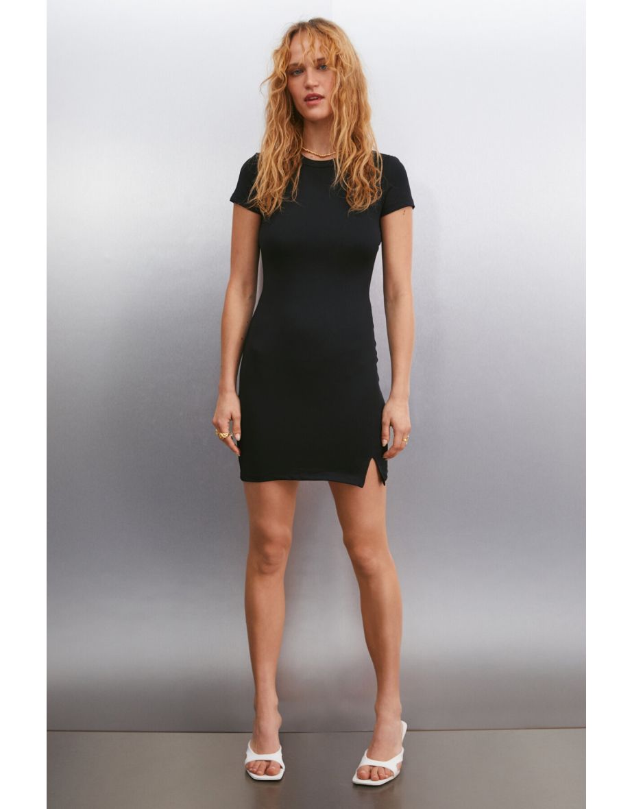 Abby Women's Bodycon Bodycon Semi-Shiny Stretch Fabric Slit Black Dress