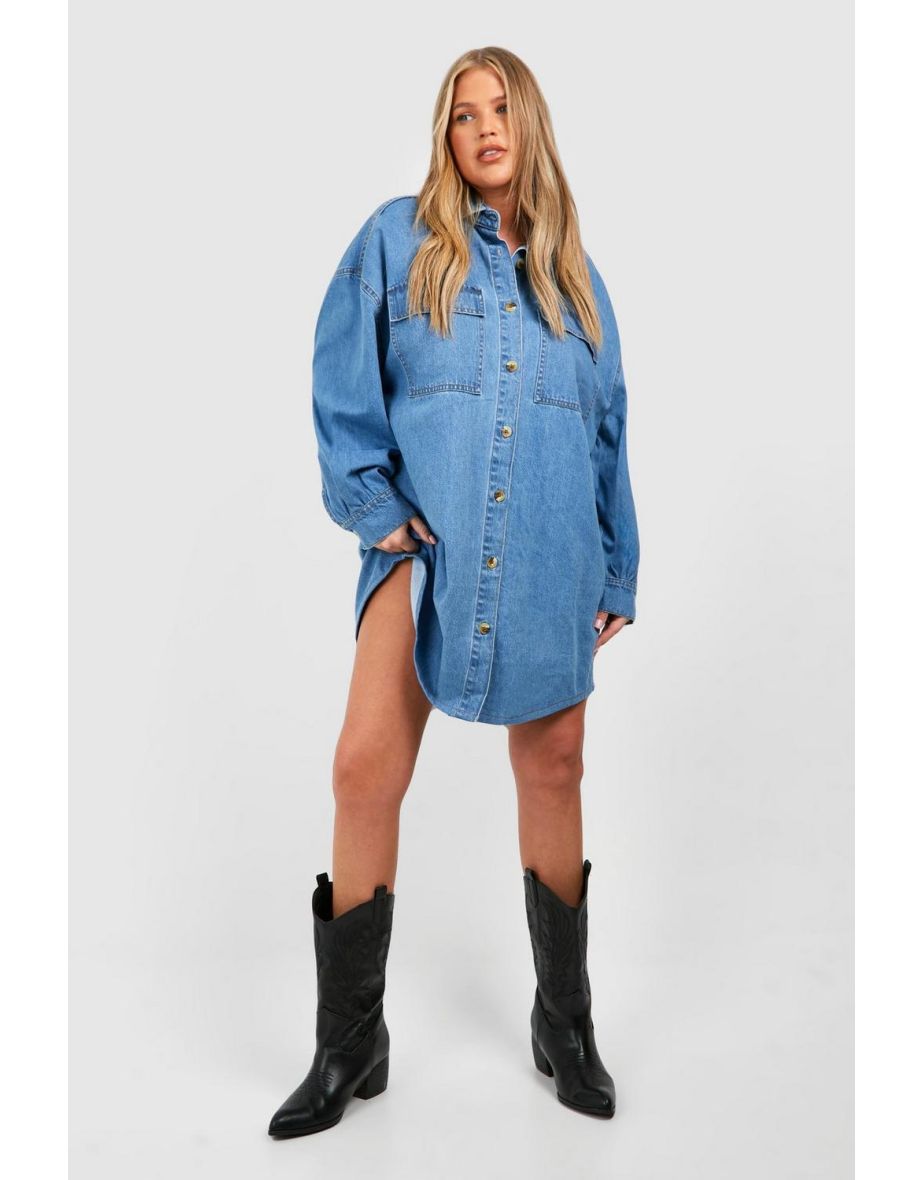 Plus Denim Oversized Shirt Dress - mid blue