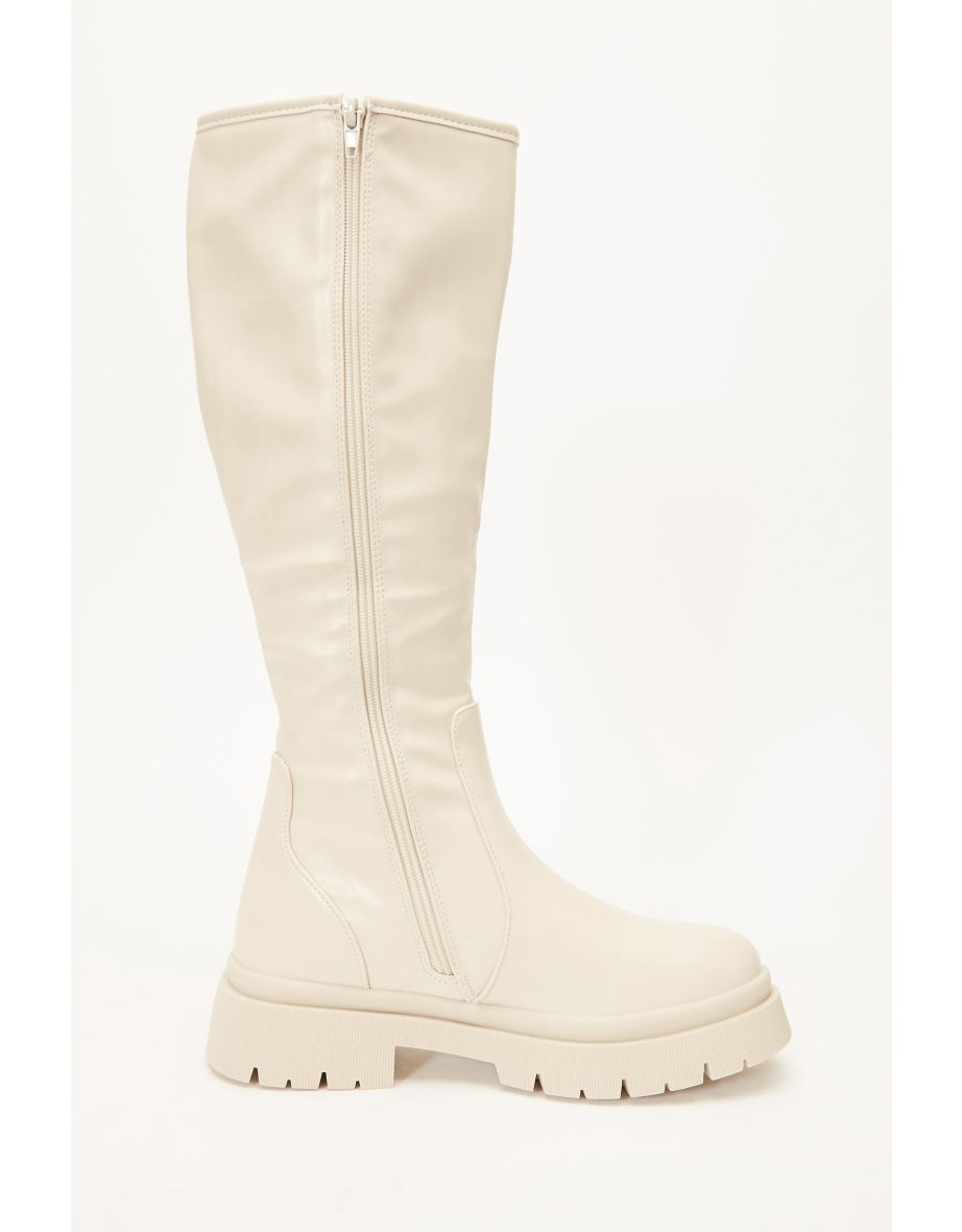 Cream Knee High Chunky Boots - 5