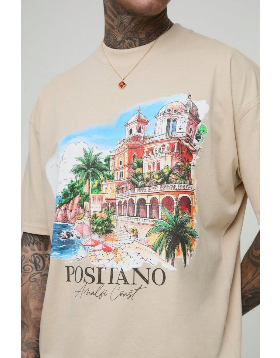 Tall Oversized Amalfi Coast Location Print T-Shirt